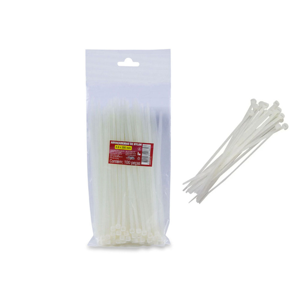 Abraçadeira Plástica Force Line 4,8 x 200mm Branco 0600500014 - Pacote com 100 Unidades