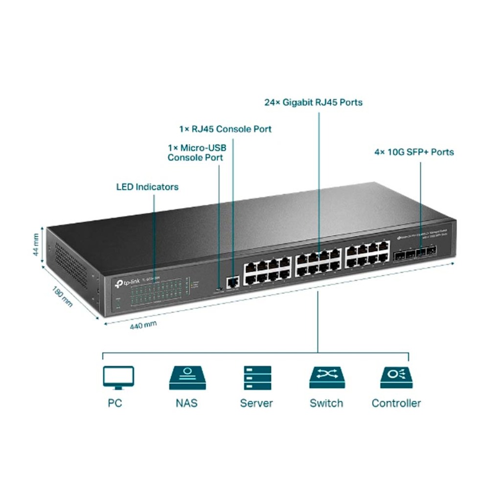 Switch Gerenciável L2+ Tp-Link SG3428X 24 Portas 10/100/1000 Mbps + 4 Portas SFP+ 10G + 1 Porta Console Rj45 JetStream - Omada