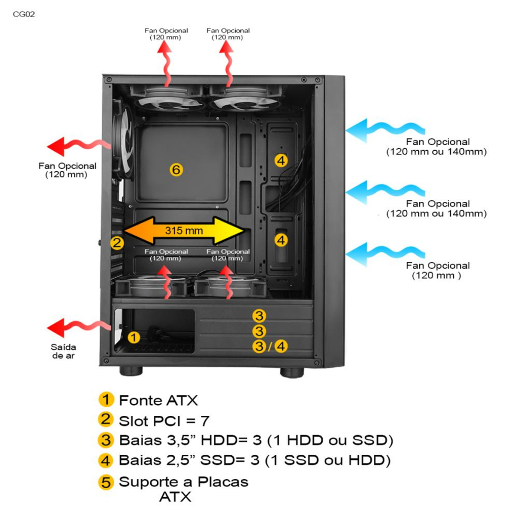 Gabinete Gamer Pixxo Frontal Preto Sem Fonte Led RGB com Lateral acrílica - CG02
