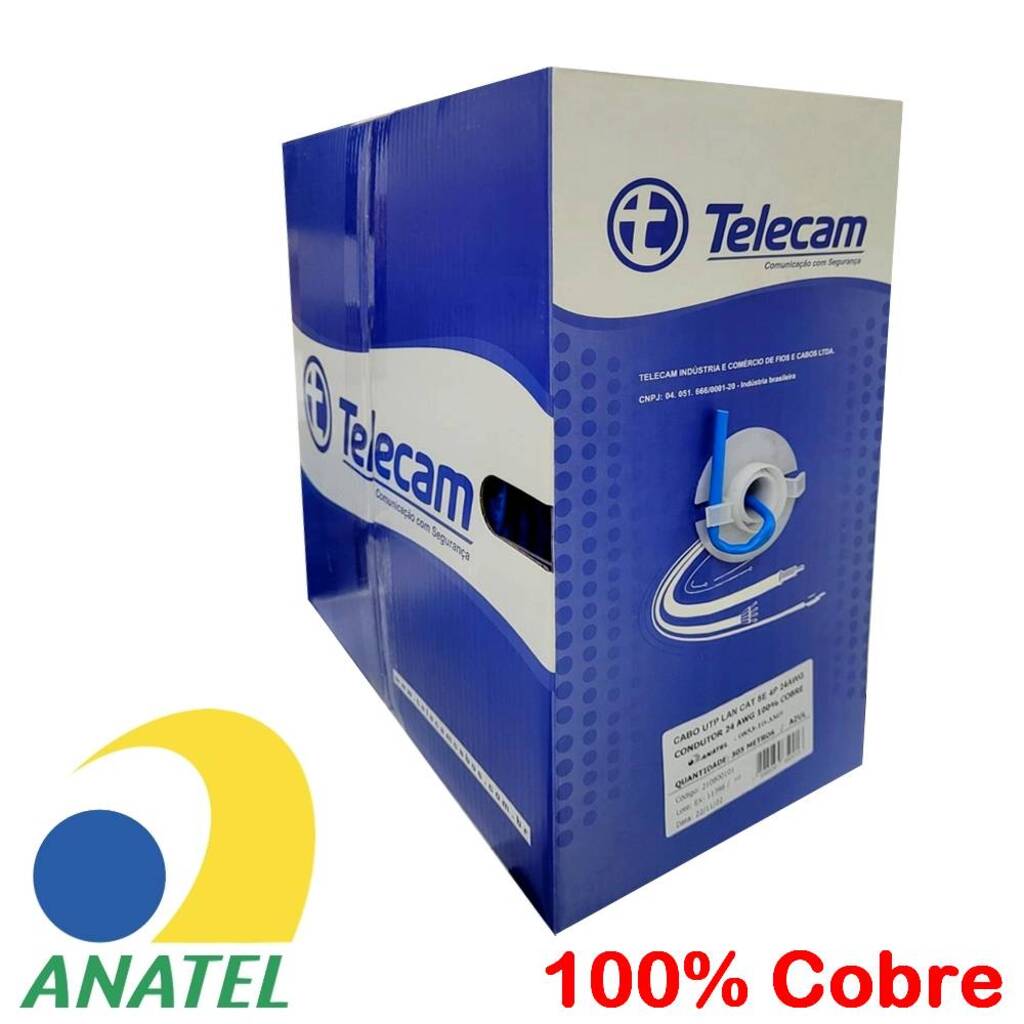 Cabo de Rede 24AWG Telecam Cat.5E 4 Pares Azul 210800101 Caixa com 305 Metros - 100% Cobre Homologado ANATEL