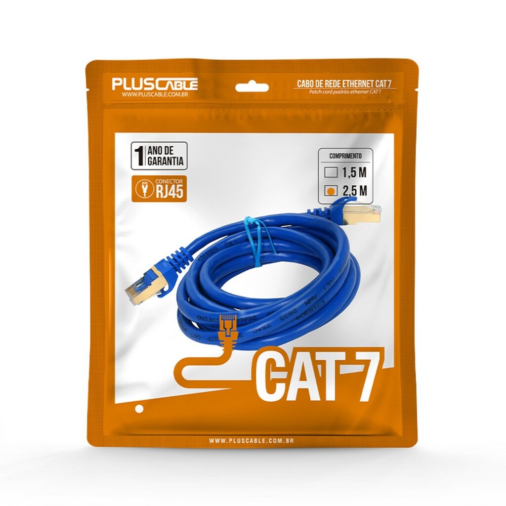 Cabo Patch Cord Cat.7 FTP 600 MHz 10 Gbps 2,5 Metros Azul Pluscable - CAT725BL