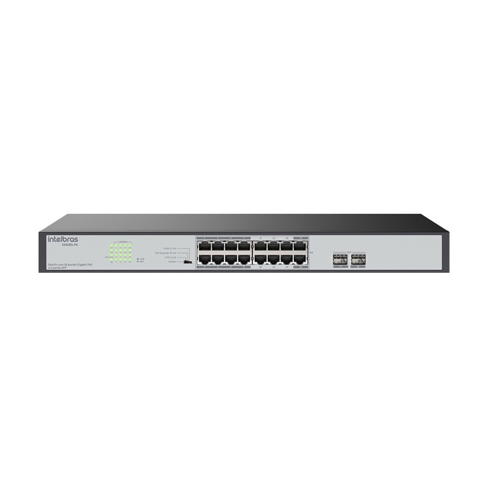 Switch 16 Portas Gigabit PoE e 2 Portas SFP Intelbras S1018G PA