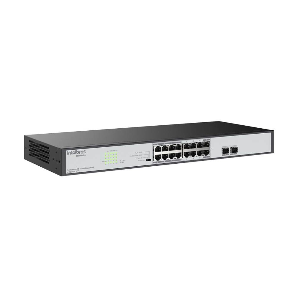 Switch 16 Portas Gigabit PoE e 2 Portas SFP Intelbras S1018G PA