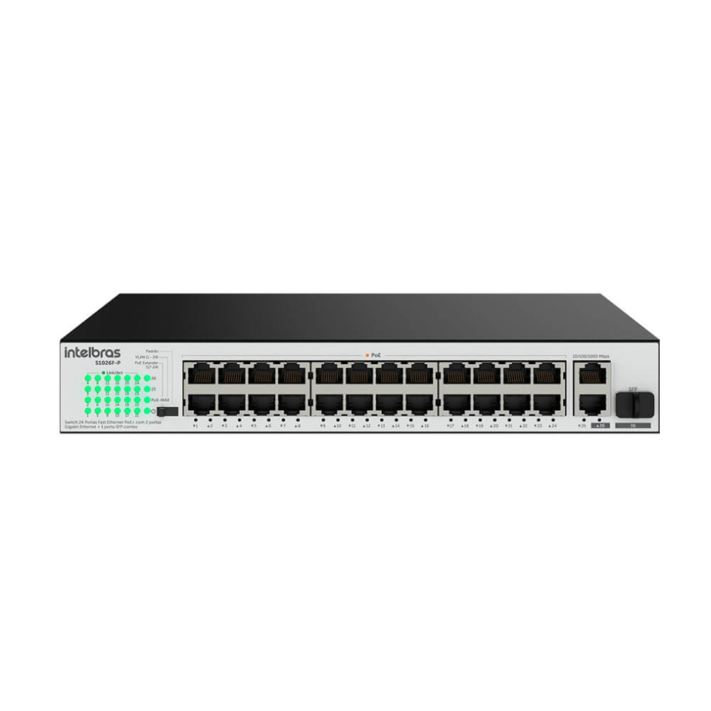 Switch 24 Portas Fast Ethernet PoE 2 Portas Gigabit S1026FP Intelbras