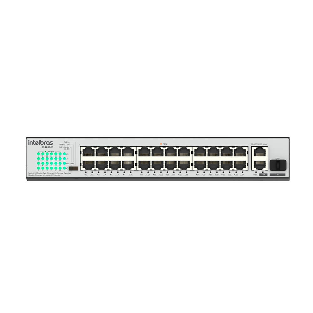 Switch 24 Portas Fast Ethernet PoE 2 Portas Gigabit S1026FP Intelbras