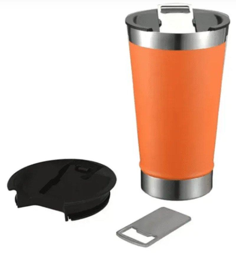 Copo Térmico 473 ml Aço Inox Com Tampa e Abridor Laranja